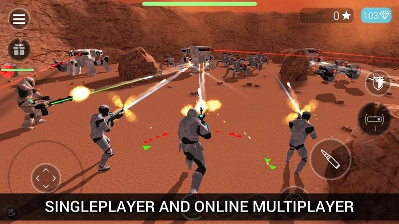 Jugador controlando un mecha en CyberSphere: Online Shooter en perspectiva de tercera persona.