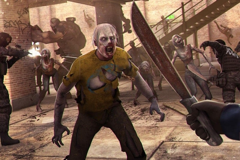 Captura de pantalla del juego Zombie Frontier 3 que muestra al jugador apuntando con un rifle a un zombi