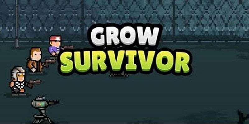 alt: Grow Survivor gameplay screenshot featuring pixelated graphics and a character firing a weapon at approaching zombies