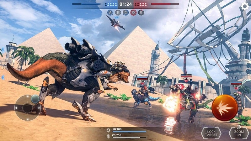 Varios dinosaurios luchando en Jurassic Monster World