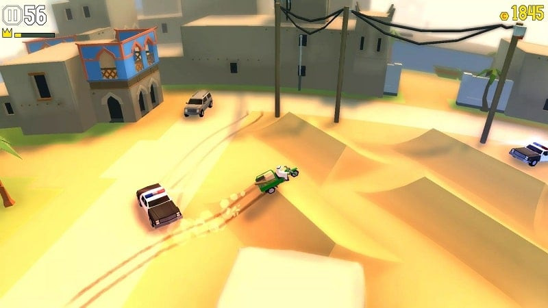 alt: Reckless Getaway 2 gameplay screenshot showing a car crashing through obstacles