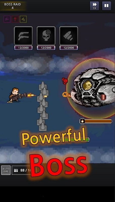 alt: Screenshot depicting a boss fight in Grow Survivor, showing the player character confronting a powerful alien enemy