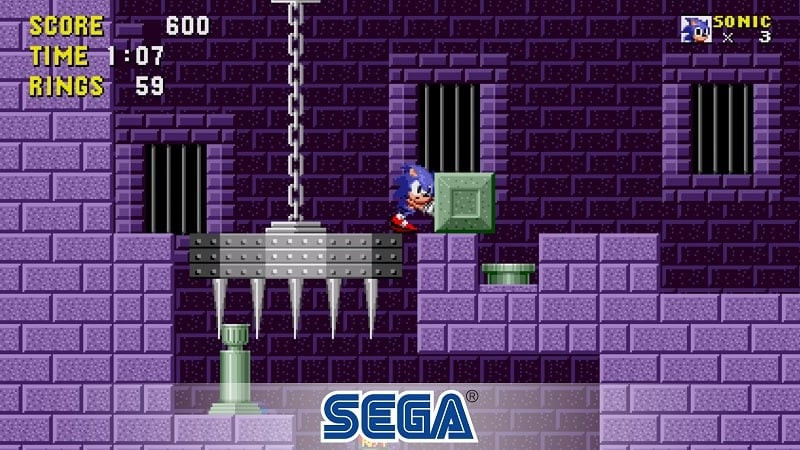 Captura de pantalla del juego en la Marble Zone de Sonic the Hedgehog Classic MOD APK