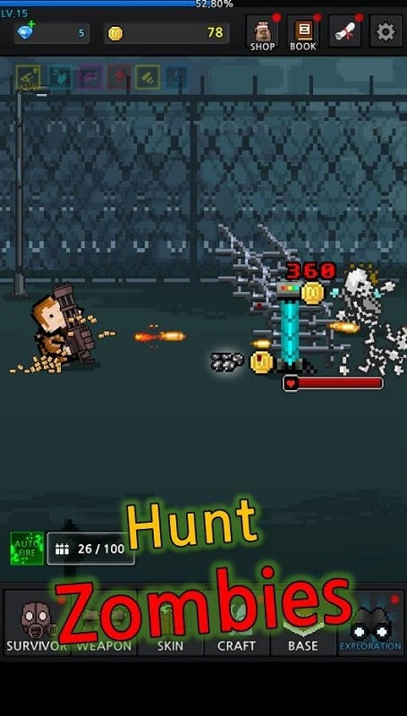 alt: Screenshot of Grow Survivor gameplay showing the player character defending their base against a wave of zombies