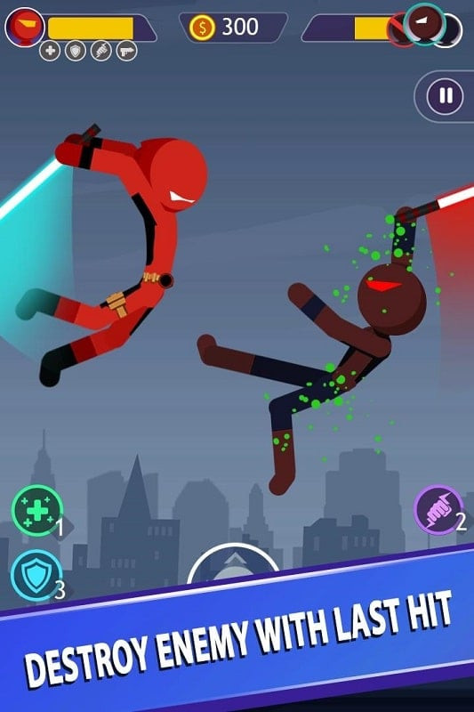 Captura de ecrã de Stickman Battle mostrando as armas disponíveis e as suas estatísticas