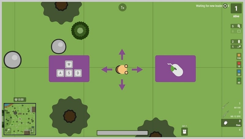 Vista del juego Survive.io en perspectiva 2D con elementos del juego.