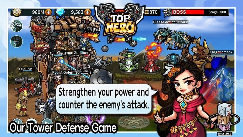 Captura de pantalla de Top Hero - Tower Defense: héroes luchando contra enemigos.