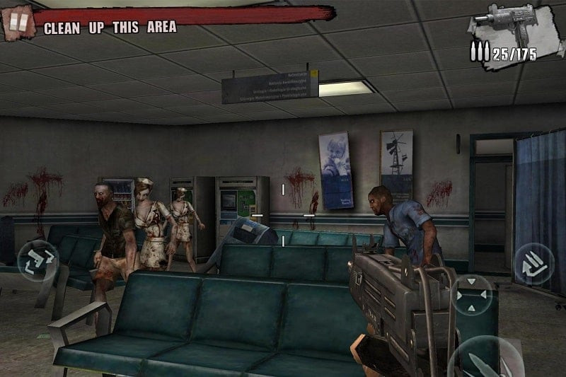 Captura de pantalla de Zombie Frontier 3 que muestra el HUD del juego y al jugador enfrentándose a un zombi