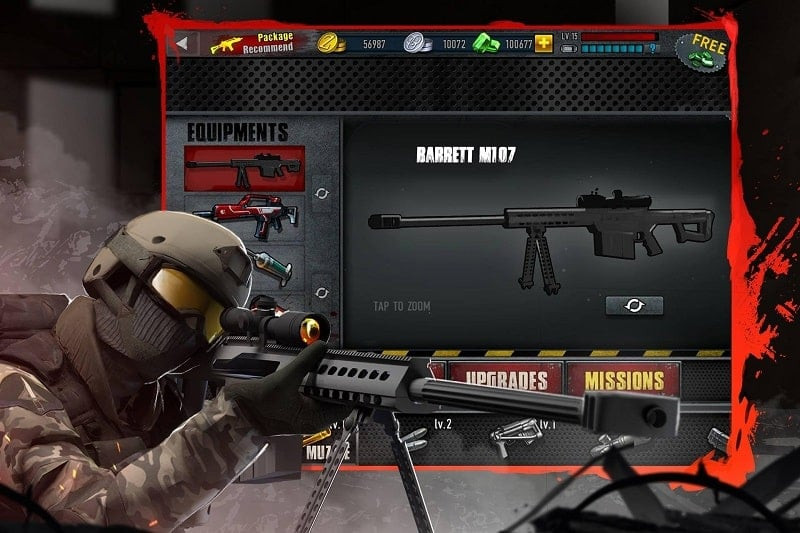 Captura de pantalla que muestra la selección de armas en Zombie Frontier 3 con varias armas de fuego disponibles