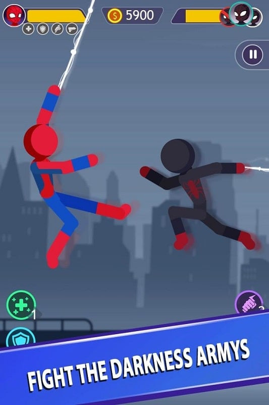 Captura de ecrã da jogabilidade de Stickman Battle mostrando as barras de vida e os botões de movimentos especiais