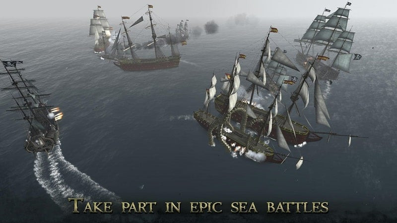 Escena de batalla en The Pirate: Plague of the Dead, donde dos barcos piratas se enfrentan en un feroz combate usando cañones.