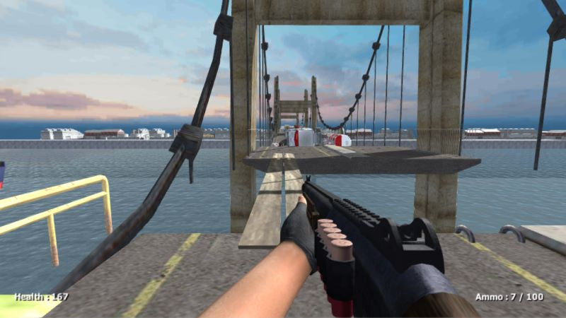 alt text:  A player in Zombie Monsters 4 aiming down the sights of a rifle at a group of zombies.