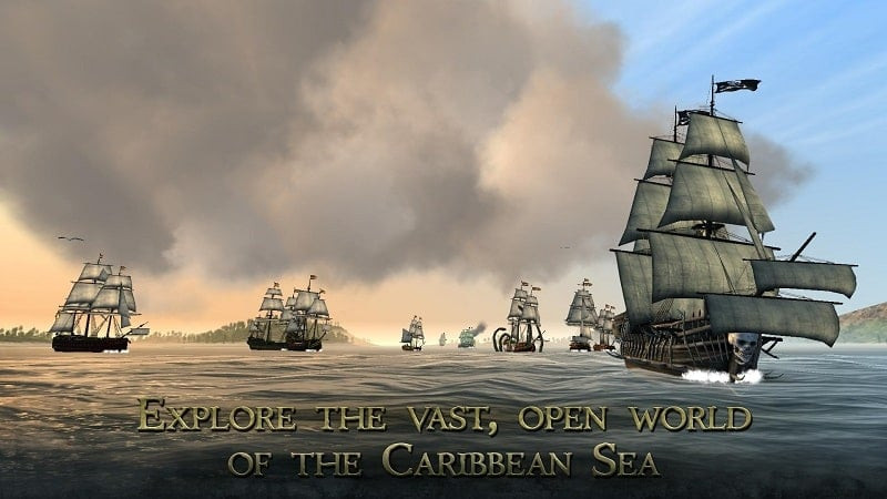 Captura de pantalla del juego The Pirate: Plague of the Dead que muestra una vista detallada de un barco pirata navegando en mar abierto.