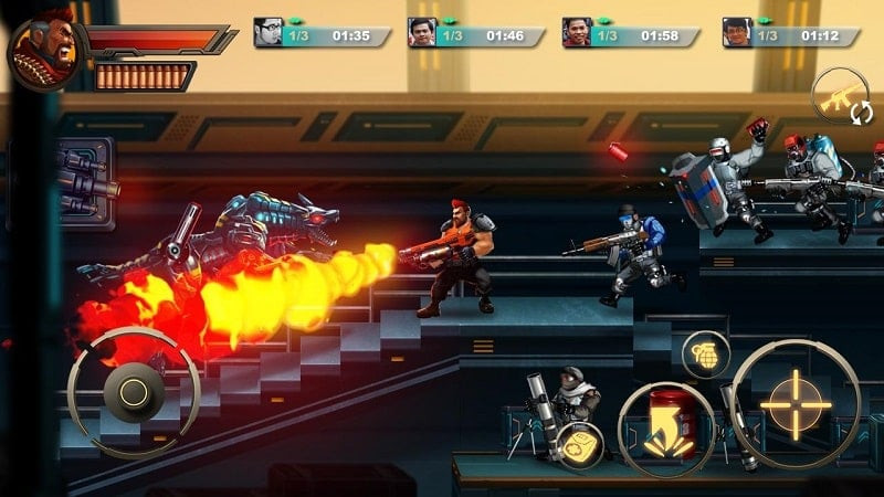 Jugabilidad de Metal Squad mostrando la variedad de armas disponibles en el juego.