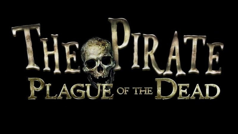 Pantalla de título del juego The Pirate: Plague of the Dead que muestra un barco pirata navegando en un mar tormentoso.