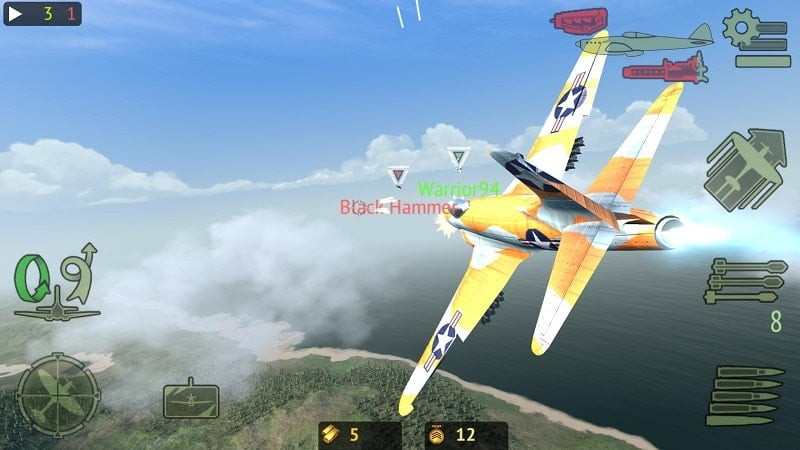 Avión sobrevolando un mapa detallado en Warplanes: Online Combat