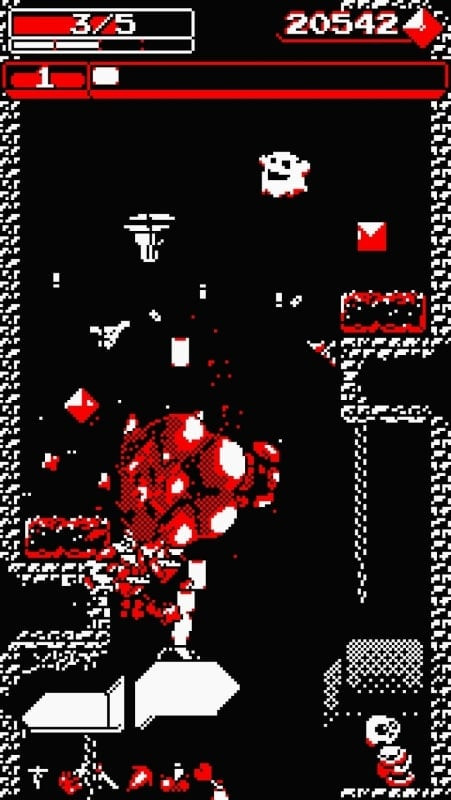 Personaje de Downwell en una cámara secreta con gemas