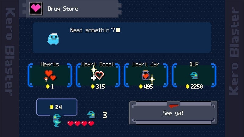 Interface de atualização de armas do Kero Blaster