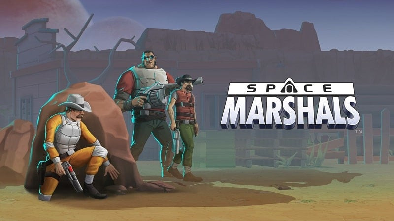 Marshal espacial disparando a enemigos en un tiroteo.