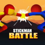 alt: Gameplay screenshot of Stickman Battle showing two stick figures fighting